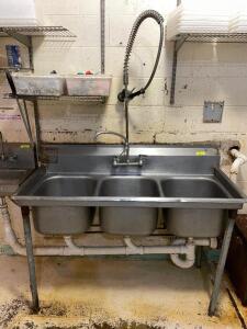 DESCRIPTION: 58" THREE WELL STAINLESS POT SINK W/ SPRAYER BRAND/MODEL: EAGLE SIZE: 58" LOCATION: WAREHOUSE QTY: 1