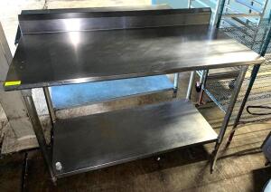 DESCRIPTION: 60" X 30" ALL STAINLESS TABLE W/ 4" BACK SPLASH SIZE: 60" X 30" LOCATION: WAREHOUSE QTY: 1