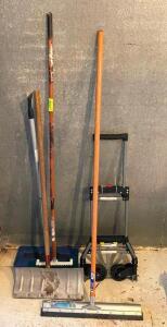 DESCRIPTION: SMALL GROUP OF ASSORTED SHOP SHOVELS AND HAND TRUCK SIZE: SOLD AS SET. LOCATION: WAREHOUSE QTY: 1