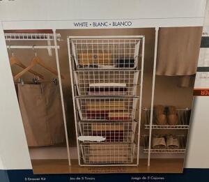 NAME: ClosetMaid 41 in. H x 17.875 in. W White Steel 5-Drawer Wide Mesh Wire Basket