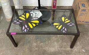 NAME: 39" X 20" X 17" INDOOR/OUTDOOR BUTTERFLY DESIGN COFFEE TABLE - METAL WITH GLASS TOP