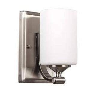 NAME: HAMPTON BAY 1-Light Brushed Nickel Wall Sconce with Frosted Opal Glass Shade