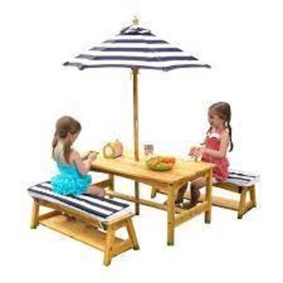 NAME: KIDKRAFT Outdoor Table & Bench Set with Cushions & Umbrella - Navy & White Stripes