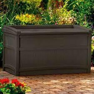 DESCRIPTION: (1) OUTDOOR STORAGE BENCH - SMALL DECK BOX BRAND/MODEL: SUNCAST INFORMATION: BROWN RETAIL$: 119 EA SIZE: 50 GALLON 34.5X21X52.75 QTY: 1