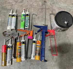 ASSORTED CALK GUNS AND CALKING MATERIALS