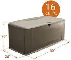 DESCRIPTION: (1) PATIO DECK BOX WITH SEAT BRAND/MODEL: RUBBERMAID #2047052 INFORMATION: EXTRA LARGE RETAIL$: $170.00 SIZE: 120 GALLON QTY: 1