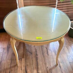 DESCRIPTION: WOODEN TABLE WITH GLASS TOP SIZE: 42"X30" QTY: 1