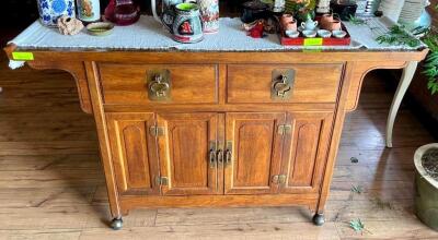 DESCRIPTION: WOODEN BUFFET TABLE ON CASTERS INFORMATION: CONTENTS NOT INCLUDED SIZE: 60"X18"X36" QTY: 1