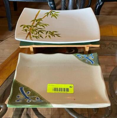 DESCRIPTION: DECORATIVE PLATTERS AND BAMBOO RISER QTY: 1