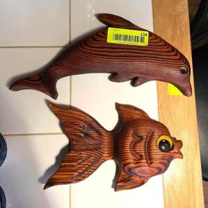 DESCRIPTION: (2) WOODEN CARVED FISH AND DOLPHIN QTY: 2