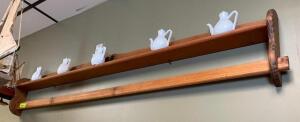 DESCRIPTION: WOODEN WALL RACK WITH ASSORTED TEA POTS QTY: 1