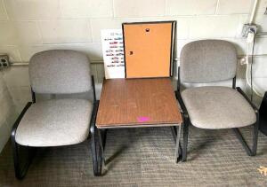 DESCRIPTION: (2) - ARM CHAIR WITH ACCENT TABLE AND DECORATIONS INFORMATION: SOLD AS SET. QTY: 2