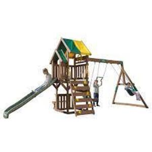 DESCRIPTION: (1) ARBOR CREST DELUXE PLAYSET BRAND/MODEL: KIDKRAFT #F29110 INFORMATION: 3-10 YEARS OLD, 7FT WAVE SLIDE, ROCK WALL LADDER, TABLE AND BEN