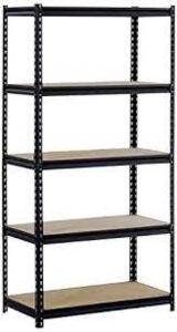 DESCRIPTION: (1) FIVE SHELF SHELVING UNIT BRAND/MODEL: MUSCLE RACK #UR185P-BLK INFORMATION: BLACK RETAIL$: $78.84 EA SIZE: 36.00 x 18.00 x 72.00 QTY: