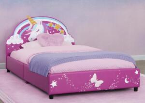 DESCRIPTION: (1) UPHOLSTERED BED FRAME BRAND/MODEL: DELTA CHILDREN INFORMATION: PINK UNICORN RETAIL$: $211.52 EA SIZE: TWIN/FULL QTY: 1