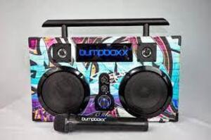 DESCRIPTION: (1) ULTRA PLUS BOOMBOX WITH BLUETOOTH SPEAKER AND WIRELESS MICROPHONE BRAND/MODEL: BUMPBOXX INFORMATION: BLUE GRAFFITI RETAIL$: $199.00 E