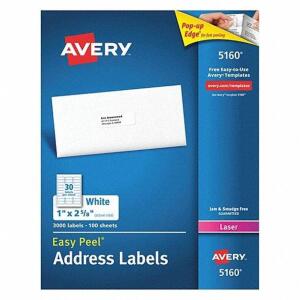 DESCRIPTION: (5) BOXES OF (3000) EASY PEEL ADDRESS LABELS BRAND/MODEL: AVERY #5NHG3 INFORMATION: WHITE SIZE: 1X2-5/8 QTY: 5