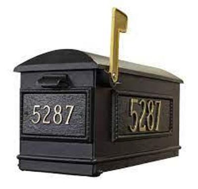 DESCRIPTION: (1) MAILBOX BRAND/MODEL: LEWISTON INFORMATION: BLACK AND GOLD RETAIL$: $329.00 EA SIZE: 8X10X20 QTY: 1