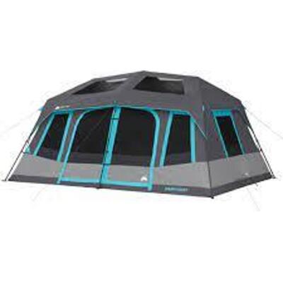 DESCRIPTION: (1) DARK REST INSTANT CABIN TENT BRAND/MODEL: OZARK TRAIL INFORMATION: GREY AND BLUE RETAIL$: $200.00 EA SIZE: 10 PERSON QTY: 1