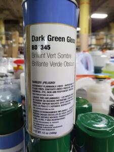 DESCRIPTION: (6) GLOSS SPRAY PAINT BRAND/MODEL: CLASS 3 SOLUTIONS BD1345 INFORMATION: DARK GREEN RETAIL$: $8.48 EA SIZE: 12 OZ QTY: 6