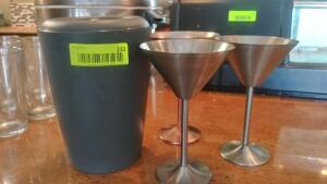 DESCRIPTION: ICE BUCKET WITH (3) METAL MARTINI GLASSES