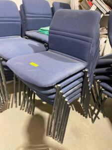 DESCRIPTION: (32) BLUE UPHOLSTERED STACKING OFFICE CHAIRS. ADDITIONAL INFORMATION: DUSTY, NEED CLEANED THIS LOT IS: SOLD BY THE PIECE. LOCATION SHOP Q