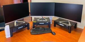 DESCRIPTION: (3) 27" HD COMPUTER MONITORS WITH HP COMPUTER, DRAWER STANDS, KEYBOARD, MOUSE AND SPEAKERS BRAND/MODEL: VIEWSONIC QTY: 1