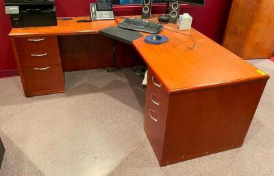 DESCRIPTION: WOODEN L-SHAPED DESK INFORMATION: CONTENTS NOT INCLUDED SIZE: 66"X72" QTY: 1