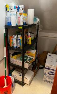 DESCRIPTION: SHELVING UNIT WITH ASSORTED CONTENTS OF CLEANING SUPPLIES QTY: 1