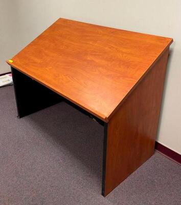 DESCRIPTION: WOODEN DRAFTING TABLE SIZE: 58"X28"X44" QTY: 1