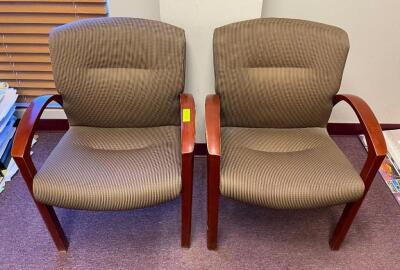 DESCRIPTION: (2) WOODEN UPHOLSTERED ARMCHAIRS QTY: 2