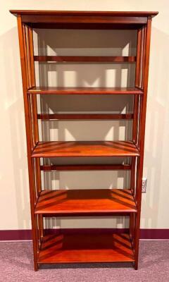 DESCRIPTION: 4-TIER WOODEN SHELVING UNIT SIZE: 27" X 11" X 63" LOCATION: UPSTAIRS OFFICE QTY: 1