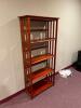 DESCRIPTION: 4-TIER WOODEN SHELVING UNIT SIZE: 27" X 11" X 63" LOCATION: UPSTAIRS OFFICE QTY: 1 - 3