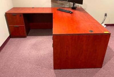 DESCRIPTION: 72" X 84" L-SHAPED WOODEN OFFICE DESK LOCATION: UPSTAIRS OFFICE QTY: 1