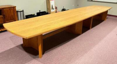 DESCRIPTION: 18' WOODEN CONFERENCE TABLE INFORMATION: TWO PIECES SIZE: 18' X 4' LOCATION: UPSTAIRS OFFICE QTY: 1