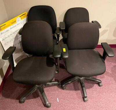 DESCRIPTION: (4) ROLLING OFFICE CHAIRS- BLACK LOCATION: UPSTAIRS OFFICE QTY: 4