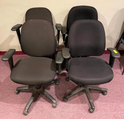 DESCRIPTION: (4) ROLLING OFFICE CHAIRS- BLACK LOCATION: UPSTAIRS OFFICE QTY: 4