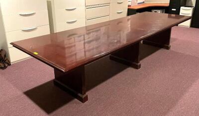 DESCRIPTION: 12' X 4' WOODEN CONFERENCE TABLE SIZE: 12' X 4' LOCATION: UPSTAIRS OFFICE QTY: 1