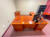 DESCRIPTION: 7' X 6' L-SHAPED WOODEN OFFICE DESK W/ 2-DRAWER FILE CABINET LOCATION: UPSTAIRS OFFICE QTY: 1 - 7