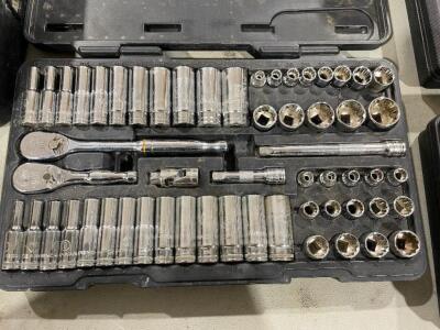 DESCRIPTION: GEARWRENCH 3/8" DRIVE SAE & METRIC COMPLETE SOCKET SET. BRAND/MODEL: GEARWRENCH INFORMATION: COMPLETE. RETAILS FOR $140 LOCATION: SHOP QT