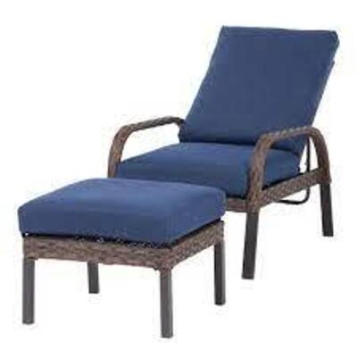 DESCRIPTION: (1) CHAISE LOUNGE WITH OTTOMAN BRAND/MODEL: MAINSTAYS INFORMATION: TUSCANY RIDGE, BLUE RETAIL$: $199.00 TOTAL SIZE: 2-PIECE QTY: 1