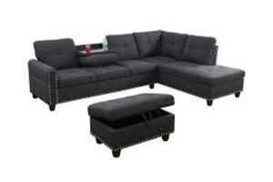 DESCRIPTION: (1) SECTIONAL COUCH WITH CHAISE AND OTTOMAN BRAND/MODEL: FAMOUS HOME FURNITURE #F09911 INFORMATION: BLACK RETAIL$: $899.00 EA SIZE: 3 PIE