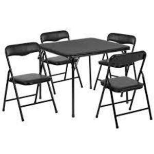 DESCRIPTION: (1) FOLDING TABLE & CHAIR SET BRAND/MODEL: FLASH FURNITURE/JB-9-KID-BK-GG INFORMATION: BLACK RETAIL$: $199.99 EA SIZE: KIDS QTY: 1