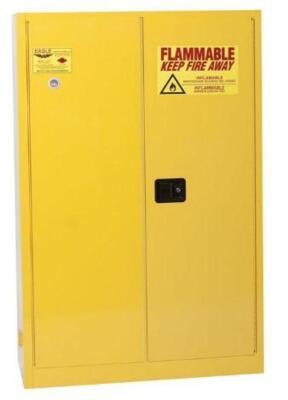 DESCRIPTION (1) EAGLE FLAMMABLE LIQUID CABINET BRAND/MODEL 4510X ADDITIONAL INFORMATION 2-SHELVES/YELLOW/SELF-CLOSE/RETAILS AT $1,065.00 SIZE 43"W X 1