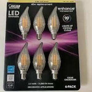 DESCRIPTION: (1) BOX OF (5) CHANDELIER BULBS. BRAND/MODEL: FEIT ELECTRIC RETAIL$: $1.98 EA SIZE: 40W REPLACEMENT QTY: 1