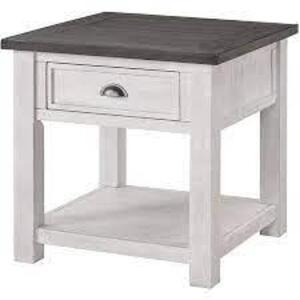 DESCRIPTION: (1)SOLID WOOD END TABLE BRAND/MODEL: MARTIN SVENSSON #890635 INFORMATION: WHITE STAIN GREY TOP RETAIL$: $235.78 EA QTY: 1