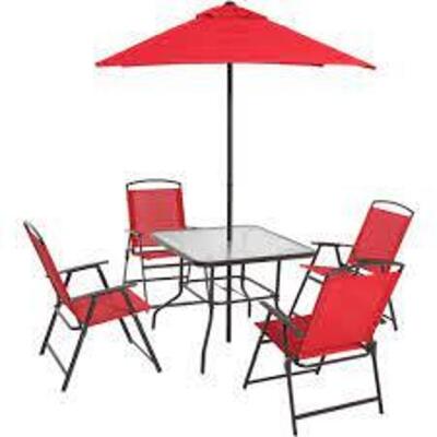 DESCRIPTION: (1) PATIO DINING SET BRAND/MODEL: MAINSTAYS INFORMATION: RED RETAIL$: $249.99 EA SIZE: 6 PIECE QTY: 1