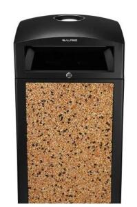 DESCRIPTION (2) ALPINE OUTDOOR COMMERCIAL TRASH CAN BRAND/MODEL 472-40-STO ADDITIONAL INFORMATION STONE STEEL/ALL-WEATHER PANEL/ASH TRAY LID/RETAILS A