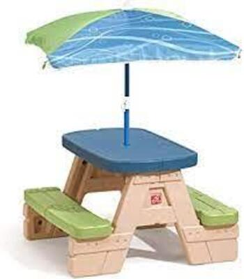 DESCRIPTION: (1) SIT AND PLAY PICNIC TABLE WITH UMBRELLA BRAND/MODEL: STEP2 RETAIL$: $70.00 EA QTY: 1