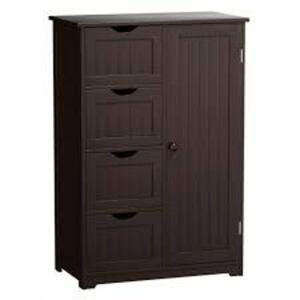 DESCRIPTION: (1) STANDING INDOOR WOODEN CABINET WITH 4 DRAWERS BRAND/MODEL: COMSTORM #HW65930CF INFORMATION: BROWN RETAIL$: $150.00 EA SIZE: 22" x 12"
